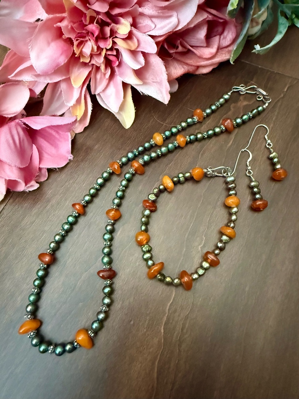 Authentic Polish Amber & Green Freshwater Pearl Handcrafted Jewelry Set